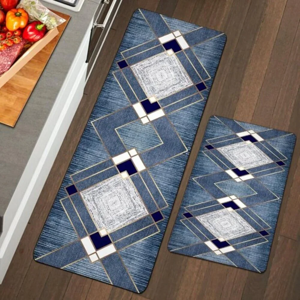 New Set of 2 Navy Grey Anti Fatigue Non-Slip Rubber Cushioned Kitchen Rugs